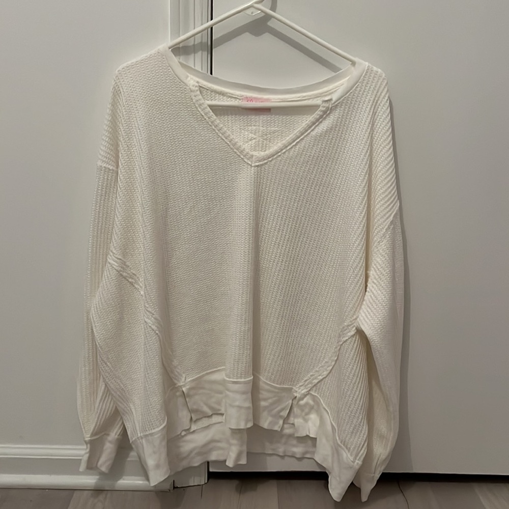 Pink Lily Exposed Seam Waffle Oversized Pullover - Small